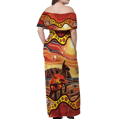 Northern Territory Uluru Off Shoulder Maxi Dress Ayers Rock Kangaroo Aboriginal Art