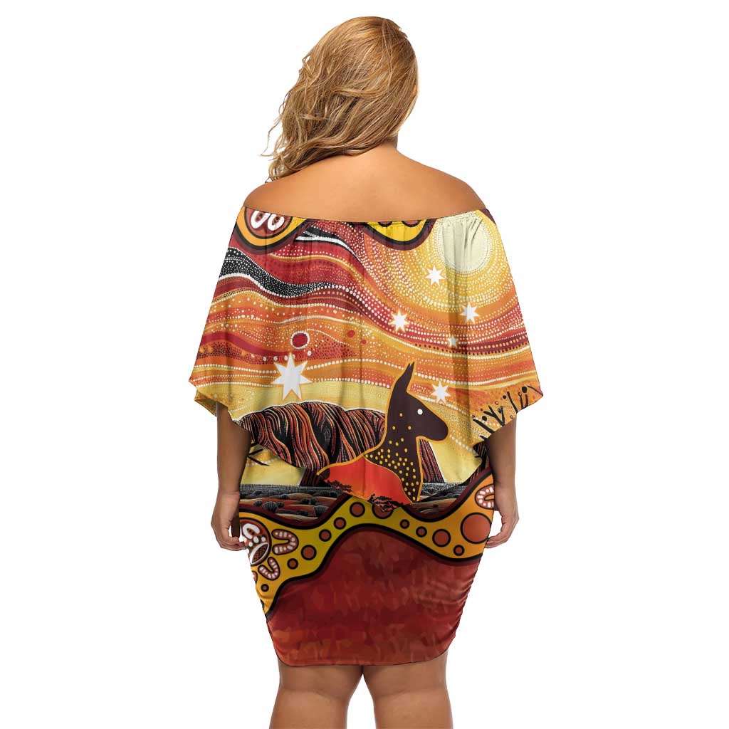 Northern Territory Uluru Off Shoulder Short Dress Ayers Rock Kangaroo Aboriginal Art