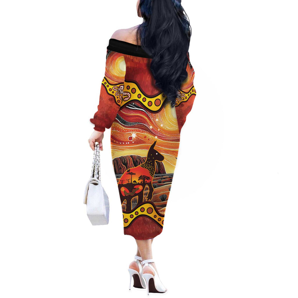 Northern Territory Uluru Off The Shoulder Long Sleeve Dress Ayers Rock Kangaroo Aboriginal Art