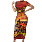 Northern Territory Uluru Short Sleeve Bodycon Dress Ayers Rock Kangaroo Aboriginal Art