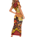 Northern Territory Uluru Short Sleeve Bodycon Dress Ayers Rock Kangaroo Aboriginal Art
