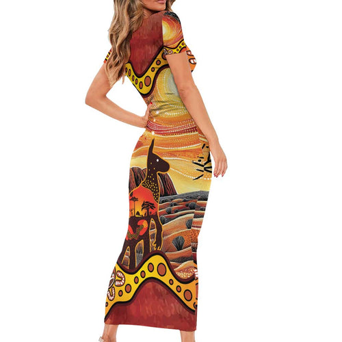 Northern Territory Uluru Short Sleeve Bodycon Dress Ayers Rock Kangaroo Aboriginal Art