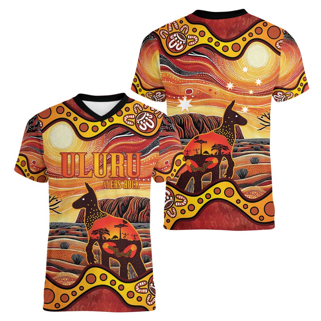 Northern Territory Uluru Women V-Neck T-Shirt Ayers Rock Kangaroo Aboriginal Art