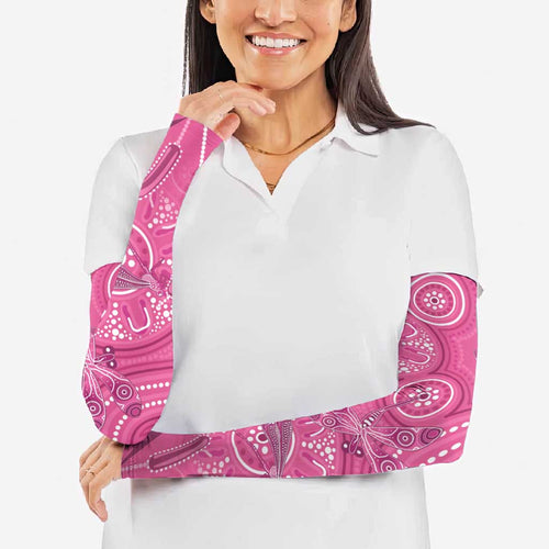 Australia Indigenous Pink Month Arm Sleeves Breast Cancer Aboriginal Dragonflies Ribbon - Aussie Hoodie