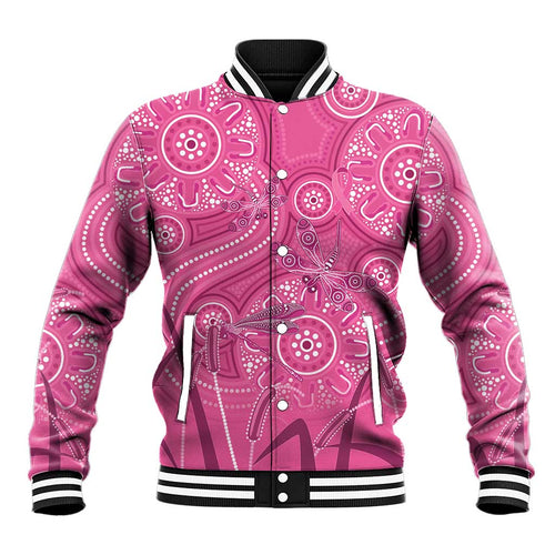 Australia Indigenous Pink Month Baseball Jacket Breast Cancer Aboriginal Dragonflies Ribbon - Aussie Hoodie
