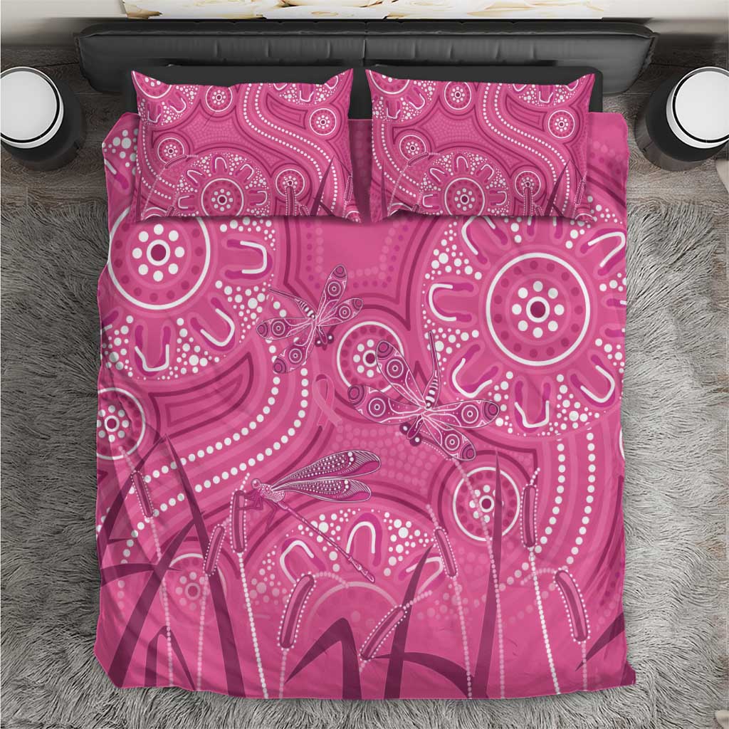 Australia Indigenous Pink Month Bedding Set Breast Cancer Aboriginal Dragonflies Ribbon - Aussie Hoodie