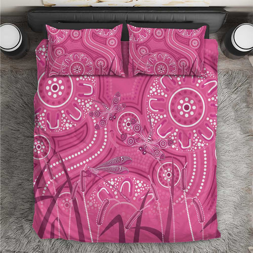 Australia Indigenous Pink Month Bedding Set Breast Cancer Aboriginal Dragonflies Ribbon - Aussie Hoodie