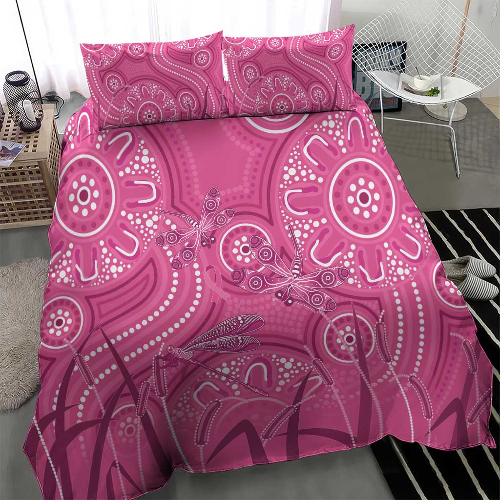 Australia Indigenous Pink Month Bedding Set Breast Cancer Aboriginal Dragonflies Ribbon - Aussie Hoodie