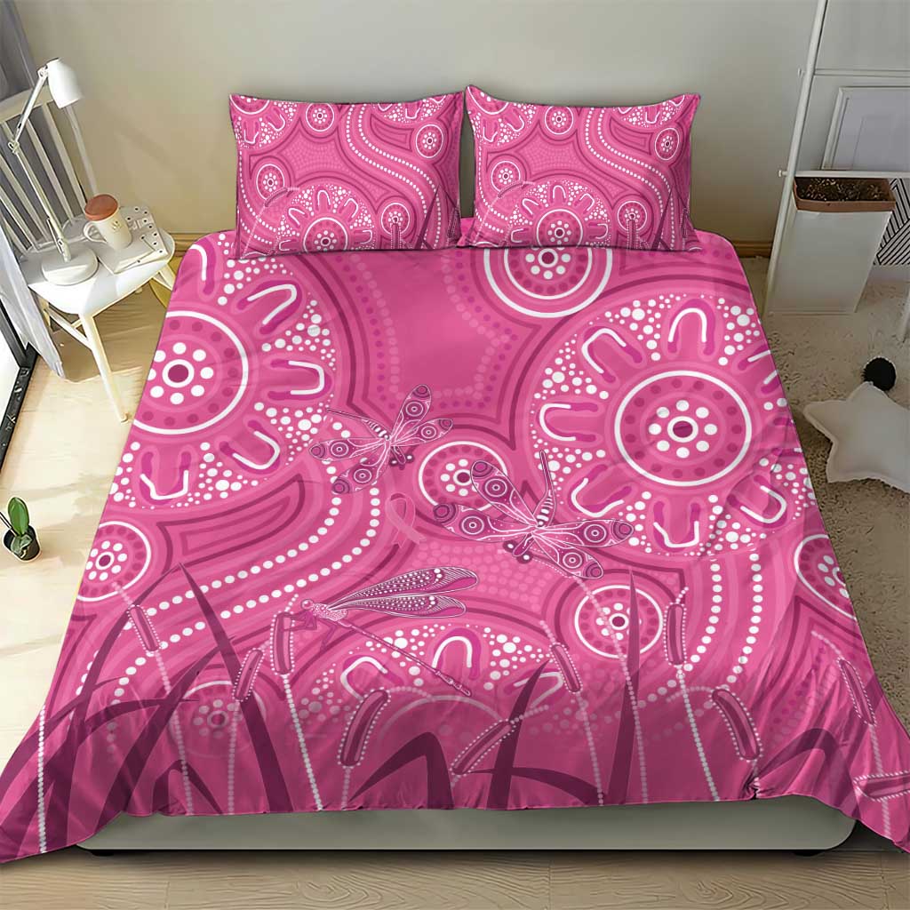 Australia Indigenous Pink Month Bedding Set Breast Cancer Aboriginal Dragonflies Ribbon - Aussie Hoodie