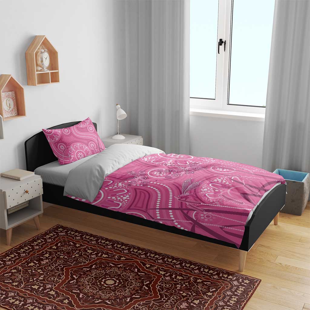 Australia Indigenous Pink Month Bedding Set Breast Cancer Aboriginal Dragonflies Ribbon - Aussie Hoodie