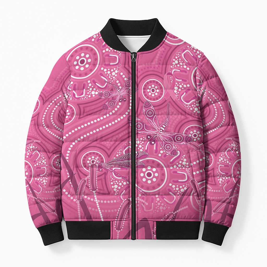 Australia Indigenous Pink Month Bomber Puffer Jacket Breast Cancer Aboriginal Dragonflies Ribbon - Aussie Hoodie