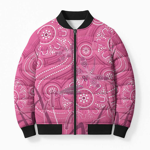 Australia Indigenous Pink Month Bomber Puffer Jacket Breast Cancer Aboriginal Dragonflies Ribbon - Aussie Hoodie