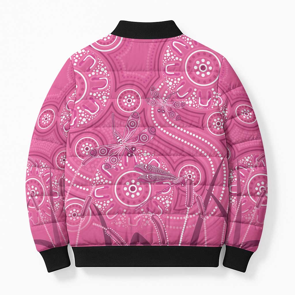 Australia Indigenous Pink Month Bomber Puffer Jacket Breast Cancer Aboriginal Dragonflies Ribbon - Aussie Hoodie
