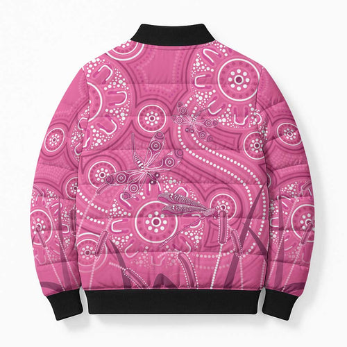 Australia Indigenous Pink Month Bomber Puffer Jacket Breast Cancer Aboriginal Dragonflies Ribbon - Aussie Hoodie