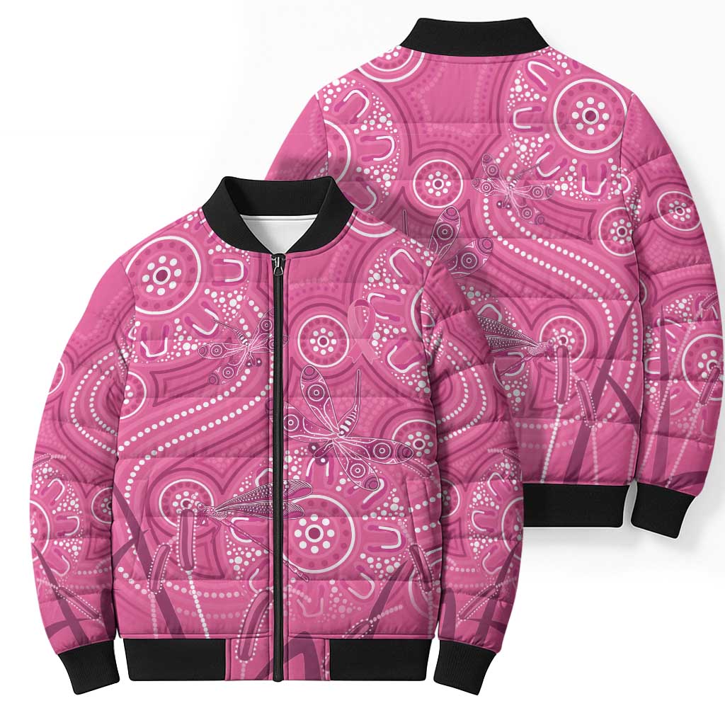 Australia Indigenous Pink Month Bomber Puffer Jacket Breast Cancer Aboriginal Dragonflies Ribbon - Aussie Hoodie