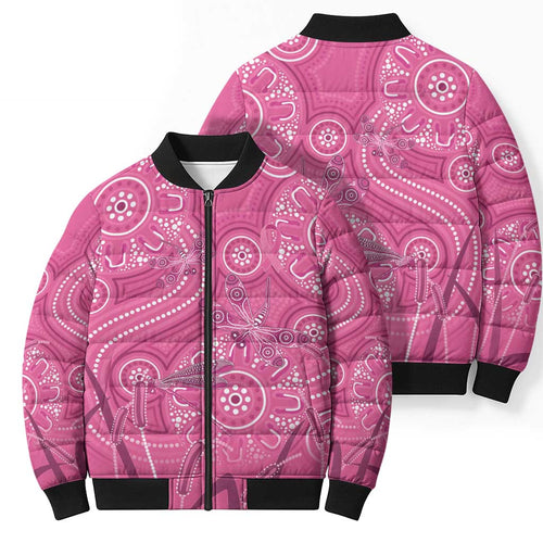 Australia Indigenous Pink Month Bomber Puffer Jacket Breast Cancer Aboriginal Dragonflies Ribbon - Aussie Hoodie