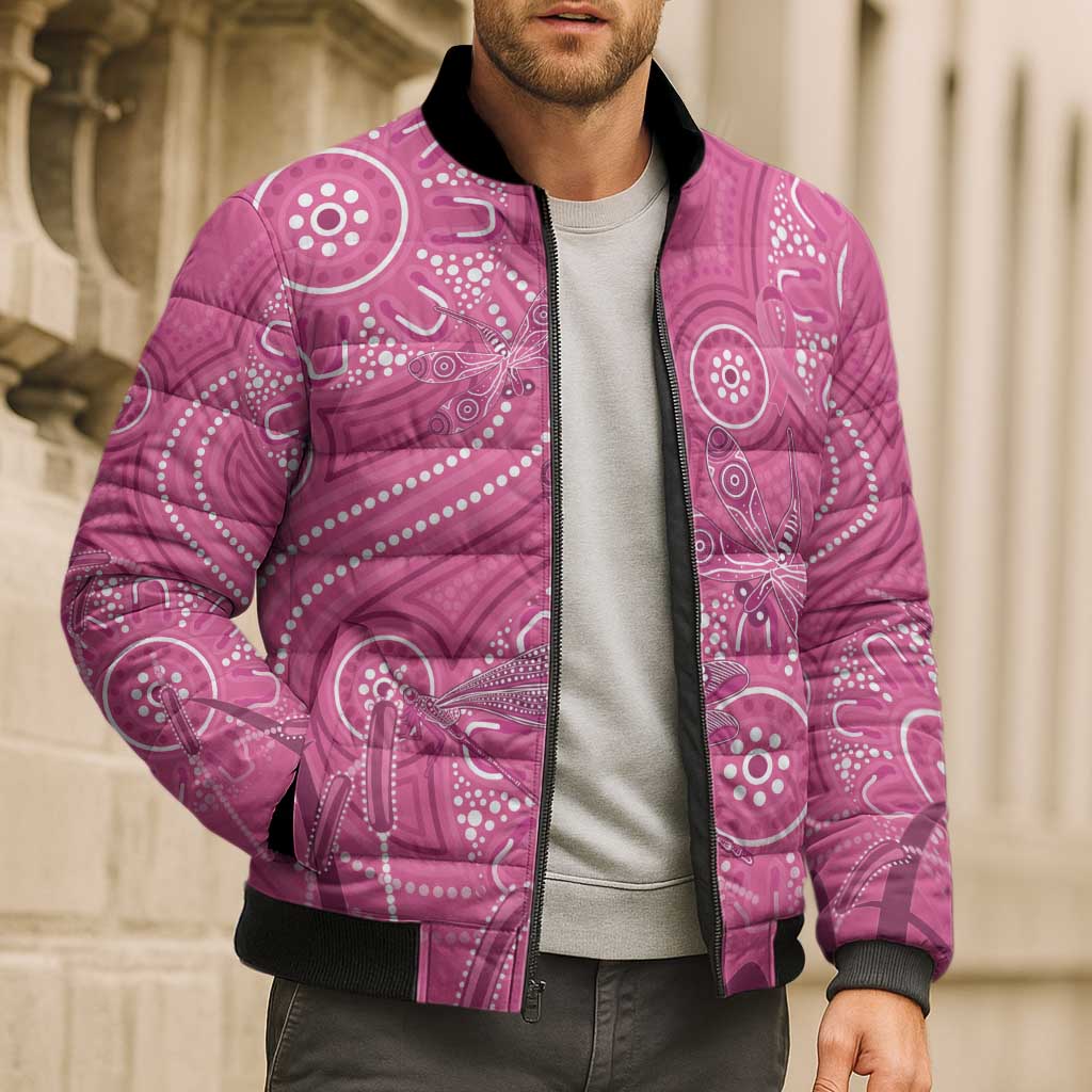 Australia Indigenous Pink Month Bomber Puffer Jacket Breast Cancer Aboriginal Dragonflies Ribbon - Aussie Hoodie