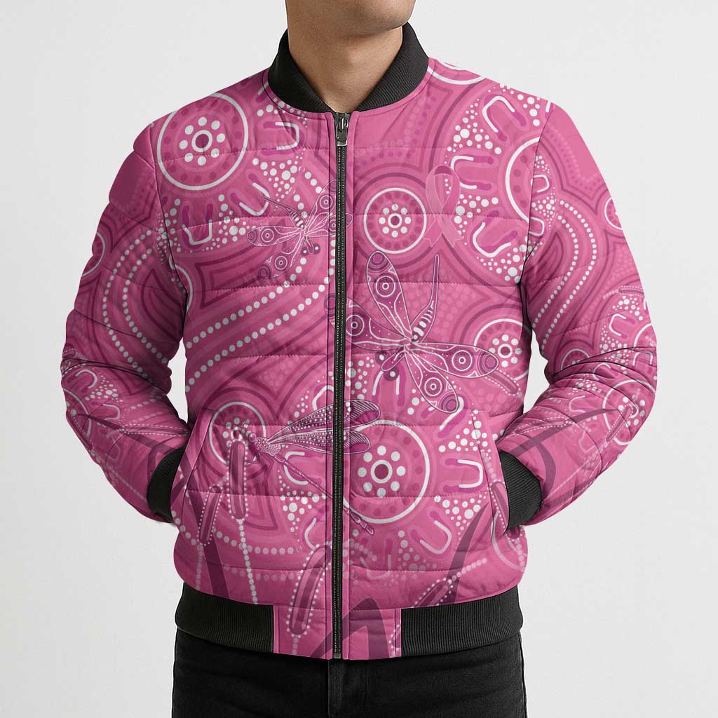 Australia Indigenous Pink Month Bomber Puffer Jacket Breast Cancer Aboriginal Dragonflies Ribbon - Aussie Hoodie