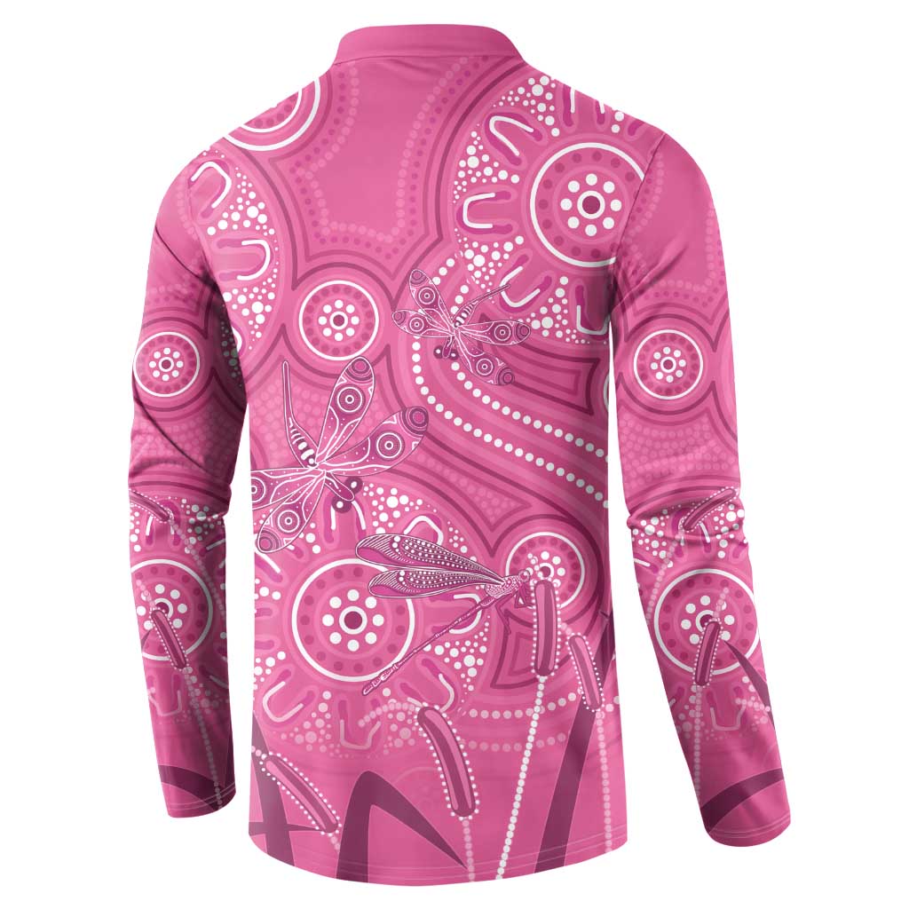 Australia Indigenous Pink Month Button Sweatshirt Breast Cancer Aboriginal Dragonflies Ribbon - Aussie Hoodie