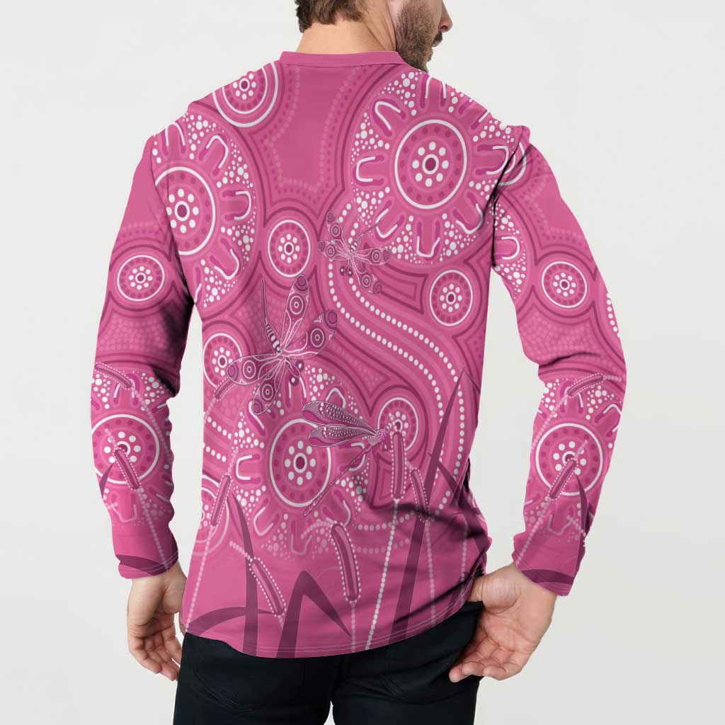 Australia Indigenous Pink Month Button Sweatshirt Breast Cancer Aboriginal Dragonflies Ribbon - Aussie Hoodie