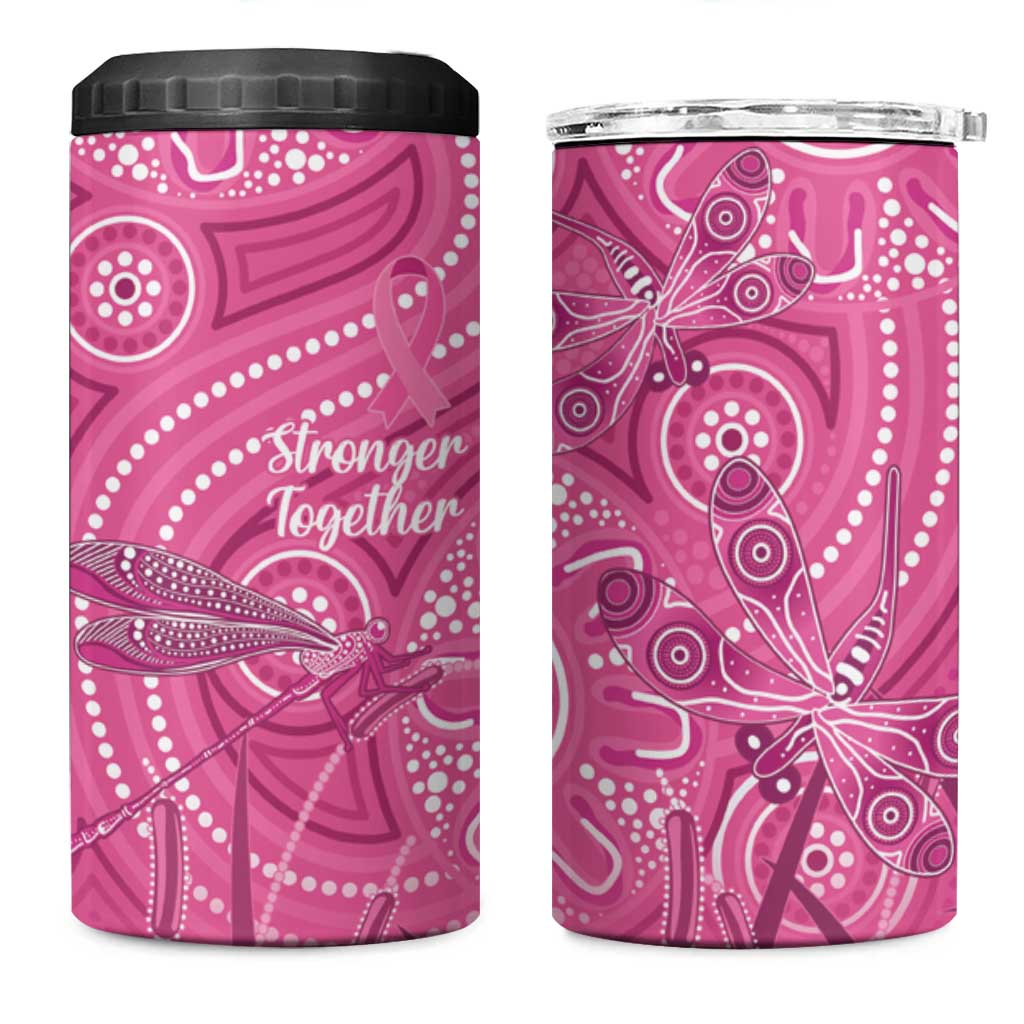 Australia Indigenous Pink Month 4 in 1 Can Cooler Tumbler Breast Cancer Aboriginal Dragonflies Ribbon - Aussie Hoodie