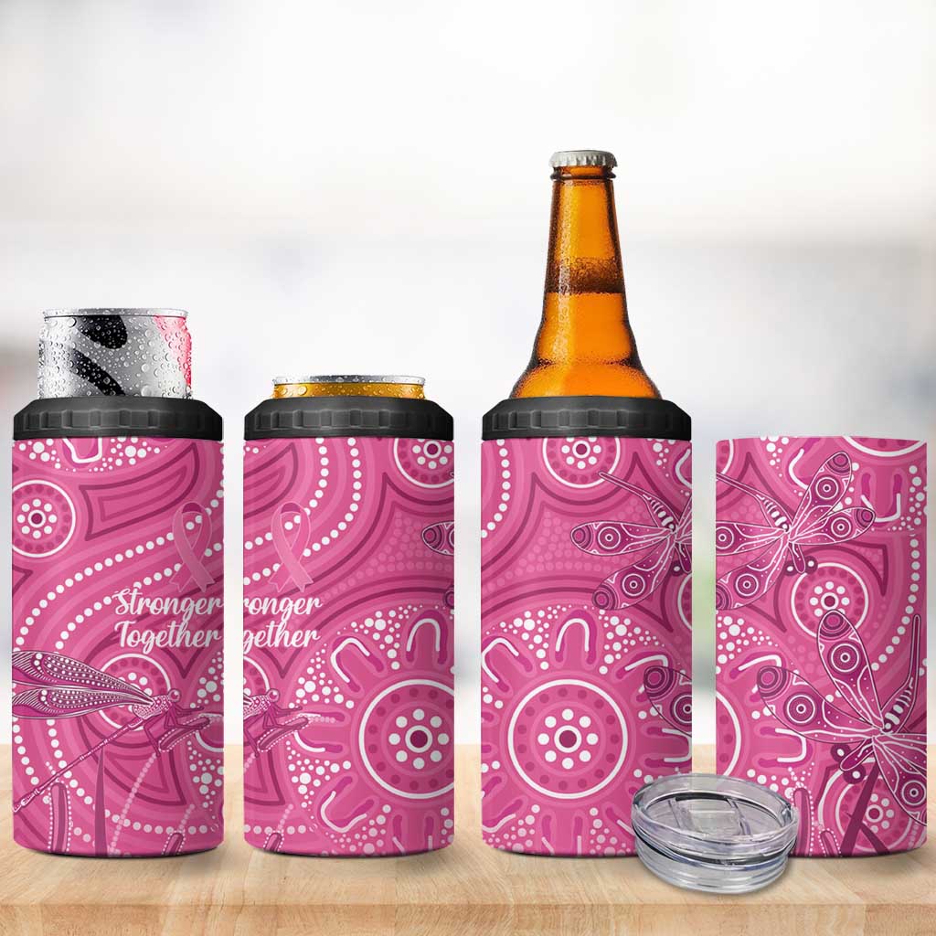 Australia Indigenous Pink Month 4 in 1 Can Cooler Tumbler Breast Cancer Aboriginal Dragonflies Ribbon - Aussie Hoodie