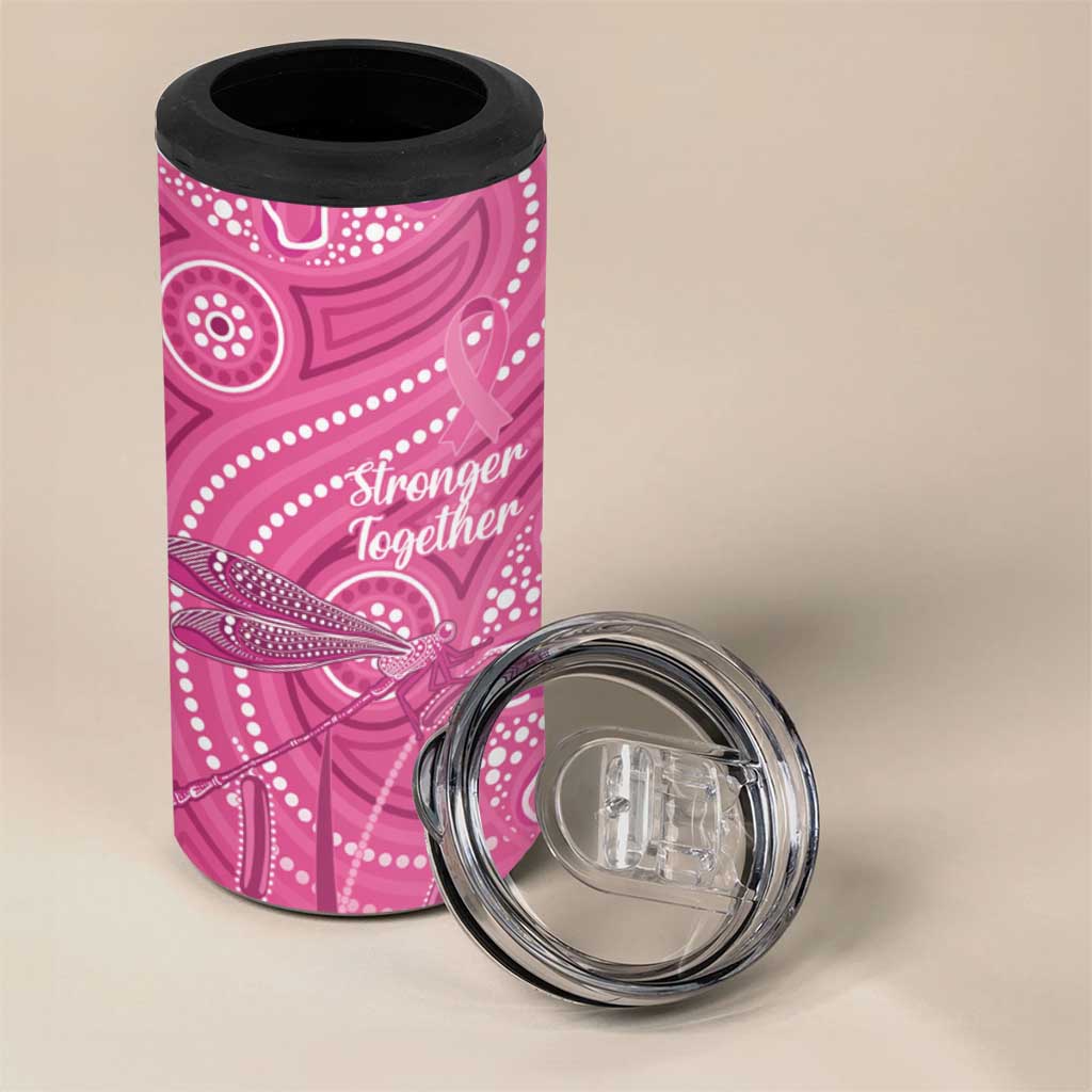 Australia Indigenous Pink Month 4 in 1 Can Cooler Tumbler Breast Cancer Aboriginal Dragonflies Ribbon - Aussie Hoodie