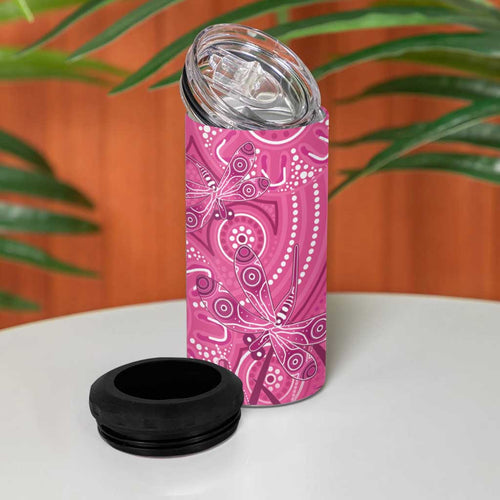 Australia Indigenous Pink Month 4 in 1 Can Cooler Tumbler Breast Cancer Aboriginal Dragonflies Ribbon - Aussie Hoodie