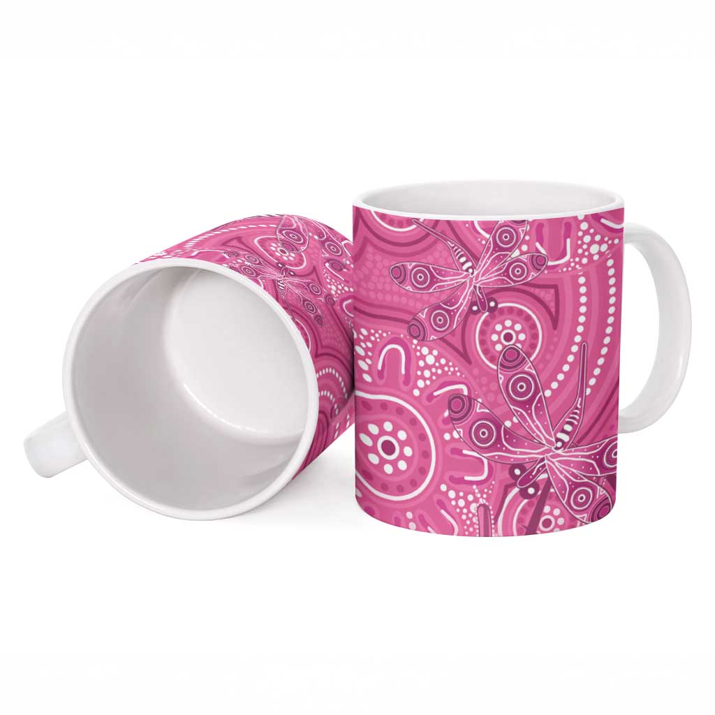 Australia Indigenous Pink Month Ceramic Mug Breast Cancer Aboriginal Dragonflies Ribbon - Aussie Hoodie