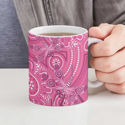 Australia Indigenous Pink Month Ceramic Mug Breast Cancer Aboriginal Dragonflies Ribbon - Aussie Hoodie