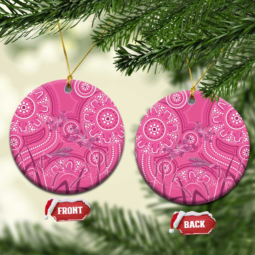 Australia Indigenous Pink Month Ceramic Ornament Breast Cancer Aboriginal Dragonflies Ribbon - Aussie Hoodie