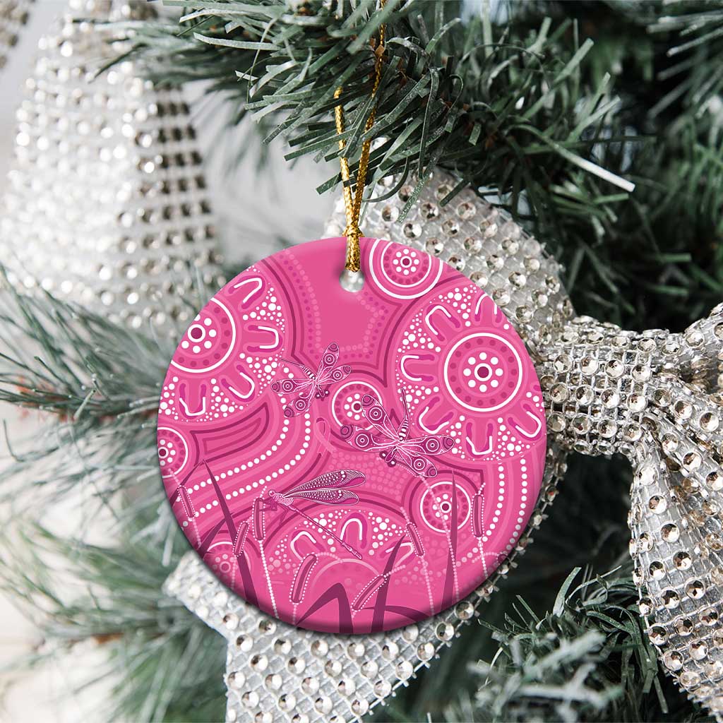 Australia Indigenous Pink Month Ceramic Ornament Breast Cancer Aboriginal Dragonflies Ribbon - Aussie Hoodie