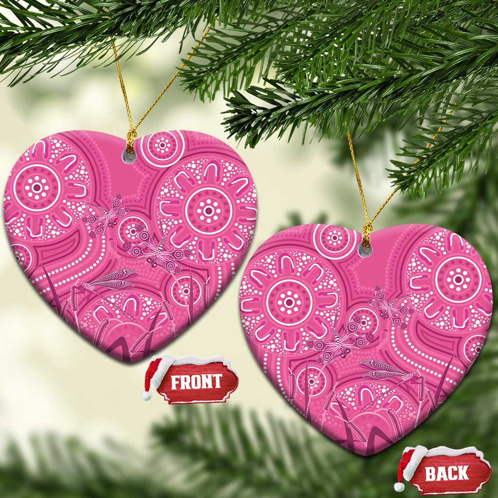 Australia Indigenous Pink Month Ceramic Ornament Breast Cancer Aboriginal Dragonflies Ribbon - Aussie Hoodie