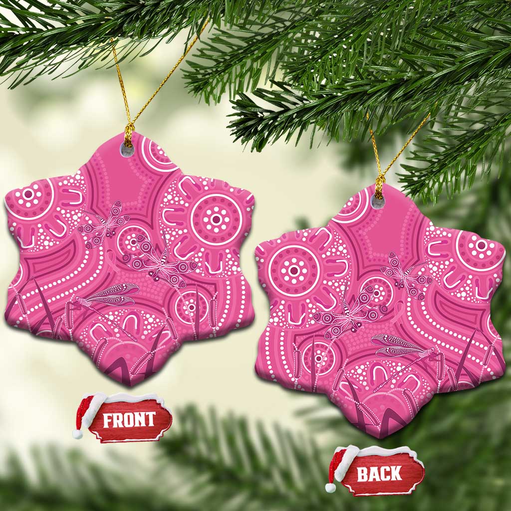 Australia Indigenous Pink Month Ceramic Ornament Breast Cancer Aboriginal Dragonflies Ribbon - Aussie Hoodie
