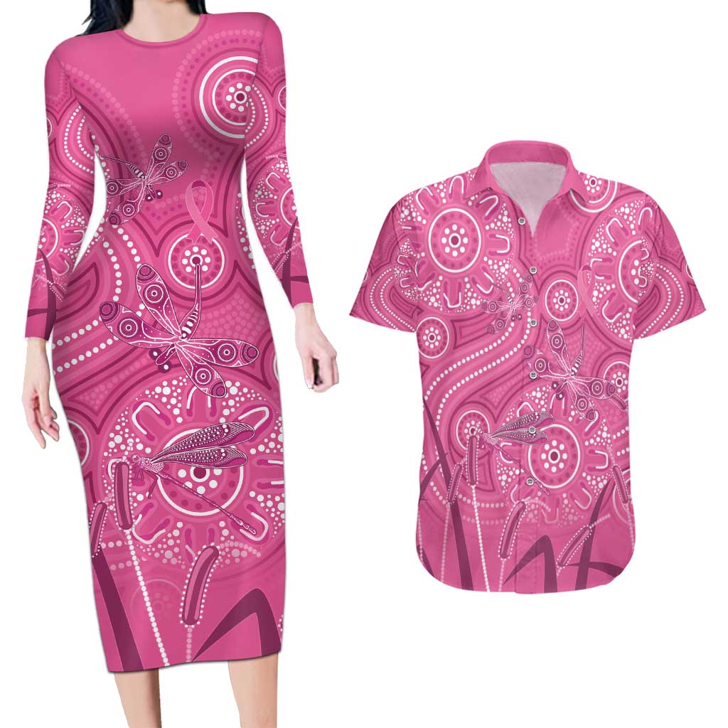 Australia Indigenous Pink Month Couples Matching Long Sleeve Bodycon Dress and Hawaiian Shirt Breast Cancer Aboriginal Dragonflies Ribbon - Aussie Hoodie