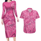 Australia Indigenous Pink Month Couples Matching Long Sleeve Bodycon Dress and Hawaiian Shirt Breast Cancer Aboriginal Dragonflies Ribbon - Aussie Hoodie