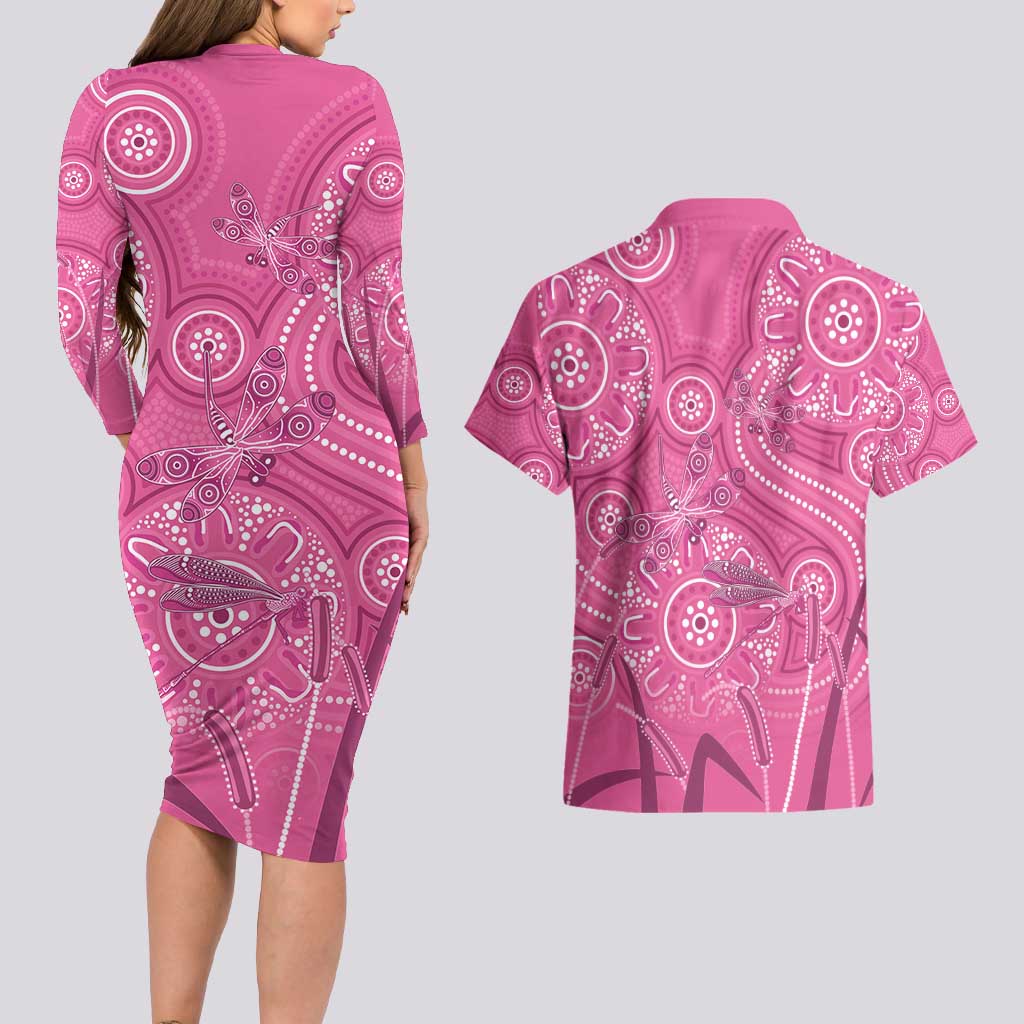 Australia Indigenous Pink Month Couples Matching Long Sleeve Bodycon Dress and Hawaiian Shirt Breast Cancer Aboriginal Dragonflies Ribbon - Aussie Hoodie