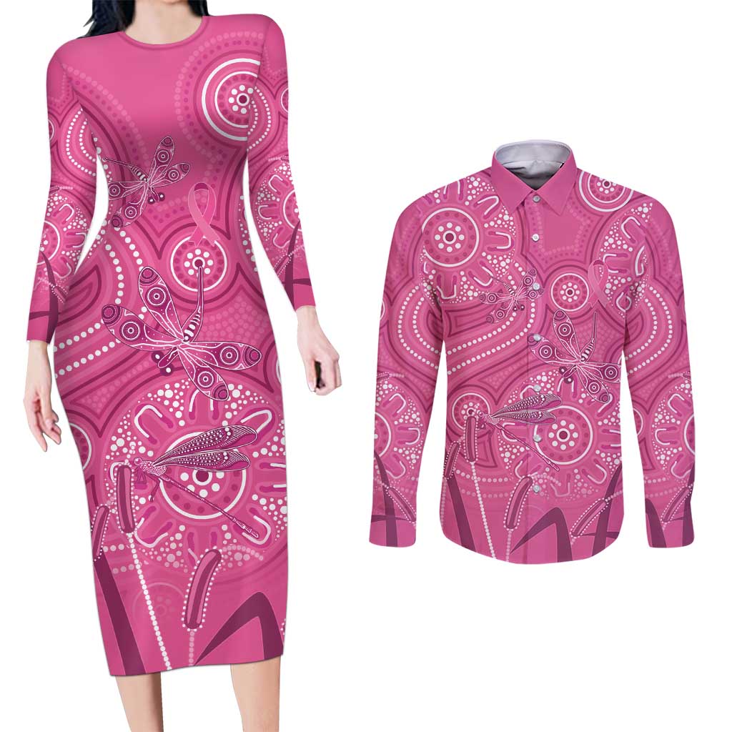 Australia Indigenous Pink Month Couples Matching Long Sleeve Bodycon Dress and Long Sleeve Button Shirt Breast Cancer Aboriginal Dragonflies Ribbon - Aussie Hoodie