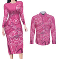 Australia Indigenous Pink Month Couples Matching Long Sleeve Bodycon Dress and Long Sleeve Button Shirt Breast Cancer Aboriginal Dragonflies Ribbon - Aussie Hoodie