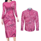 Australia Indigenous Pink Month Couples Matching Long Sleeve Bodycon Dress and Long Sleeve Button Shirt Breast Cancer Aboriginal Dragonflies Ribbon - Aussie Hoodie