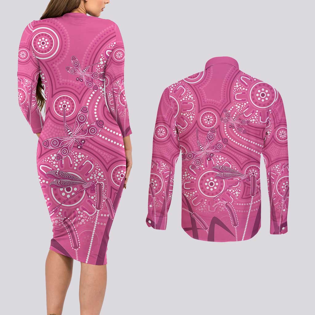 Australia Indigenous Pink Month Couples Matching Long Sleeve Bodycon Dress and Long Sleeve Button Shirt Breast Cancer Aboriginal Dragonflies Ribbon - Aussie Hoodie
