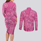 Australia Indigenous Pink Month Couples Matching Long Sleeve Bodycon Dress and Long Sleeve Button Shirt Breast Cancer Aboriginal Dragonflies Ribbon - Aussie Hoodie