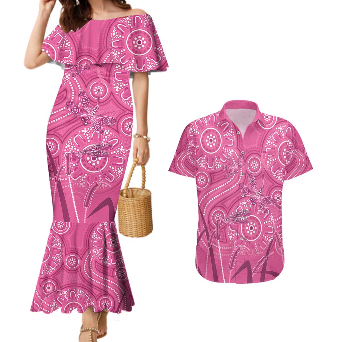 Australia Indigenous Pink Month Couples Matching Mermaid Dress and Hawaiian Shirt Breast Cancer Aboriginal Dragonflies Ribbon - Aussie Hoodie