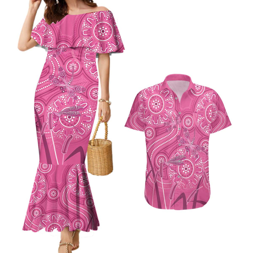 Australia Indigenous Pink Month Couples Matching Mermaid Dress and Hawaiian Shirt Breast Cancer Aboriginal Dragonflies Ribbon - Aussie Hoodie