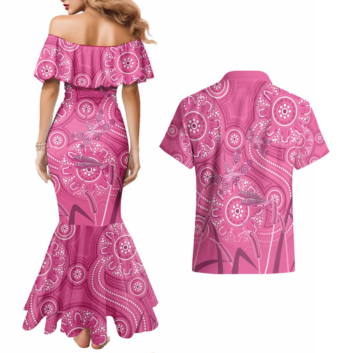 Australia Indigenous Pink Month Couples Matching Mermaid Dress and Hawaiian Shirt Breast Cancer Aboriginal Dragonflies Ribbon - Aussie Hoodie