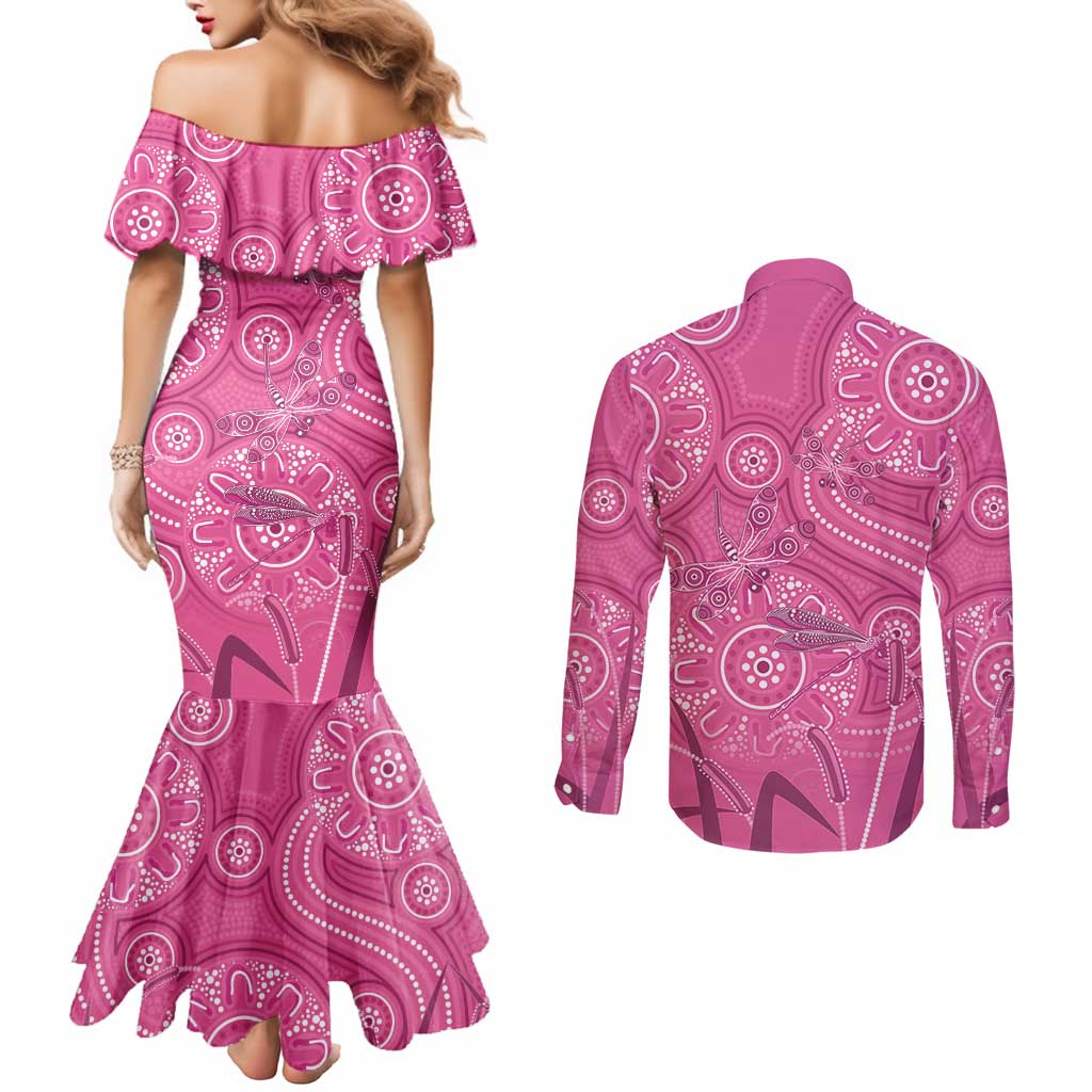 Australia Indigenous Pink Month Couples Matching Mermaid Dress and Long Sleeve Button Shirt Breast Cancer Aboriginal Dragonflies Ribbon - Aussie Hoodie