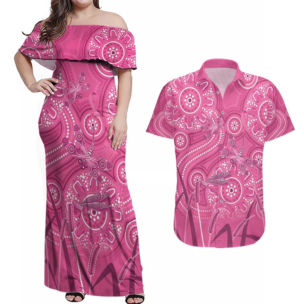 Australia Indigenous Pink Month Couples Matching Off Shoulder Maxi Dress and Hawaiian Shirt Breast Cancer Aboriginal Dragonflies Ribbon - Aussie Hoodie