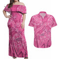 Australia Indigenous Pink Month Couples Matching Off Shoulder Maxi Dress and Hawaiian Shirt Breast Cancer Aboriginal Dragonflies Ribbon - Aussie Hoodie