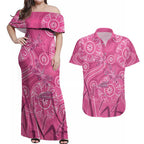 Australia Indigenous Pink Month Couples Matching Off Shoulder Maxi Dress and Hawaiian Shirt Breast Cancer Aboriginal Dragonflies Ribbon - Aussie Hoodie