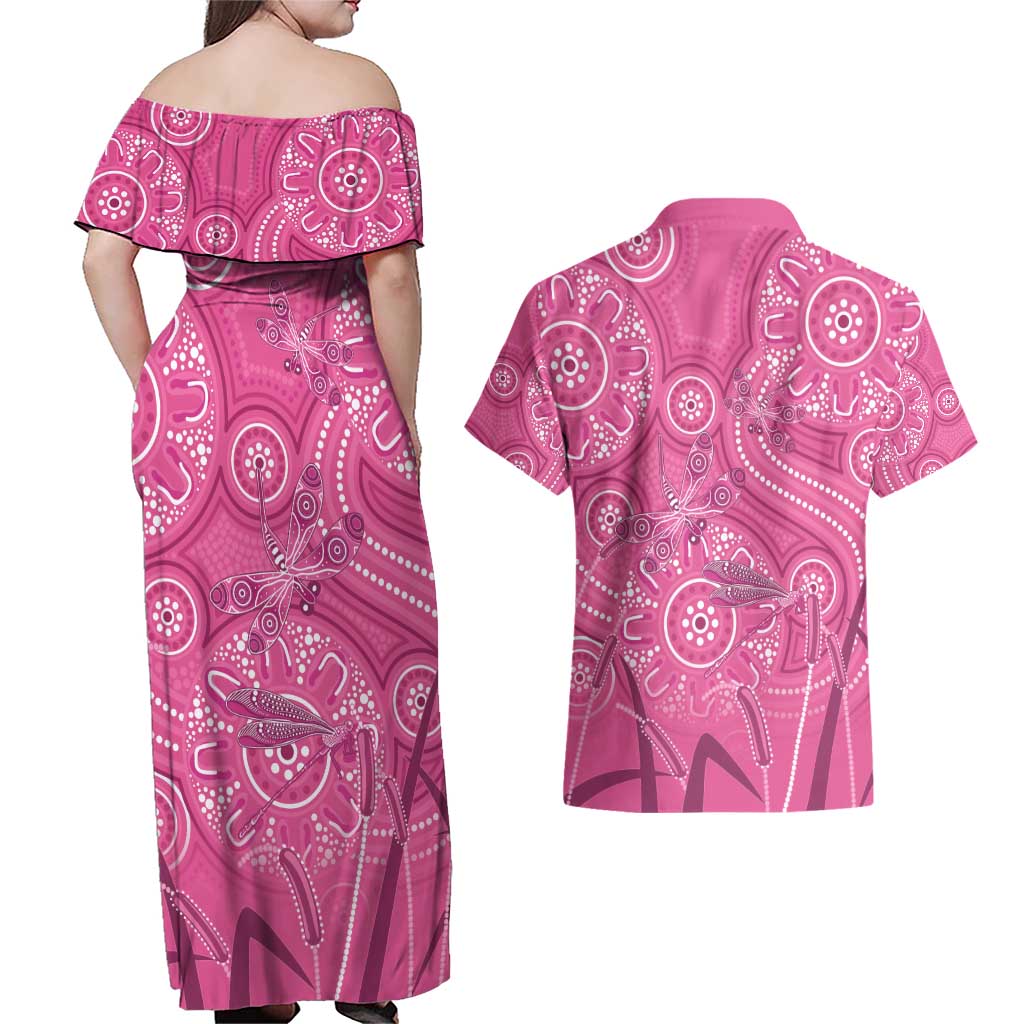 Australia Indigenous Pink Month Couples Matching Off Shoulder Maxi Dress and Hawaiian Shirt Breast Cancer Aboriginal Dragonflies Ribbon - Aussie Hoodie